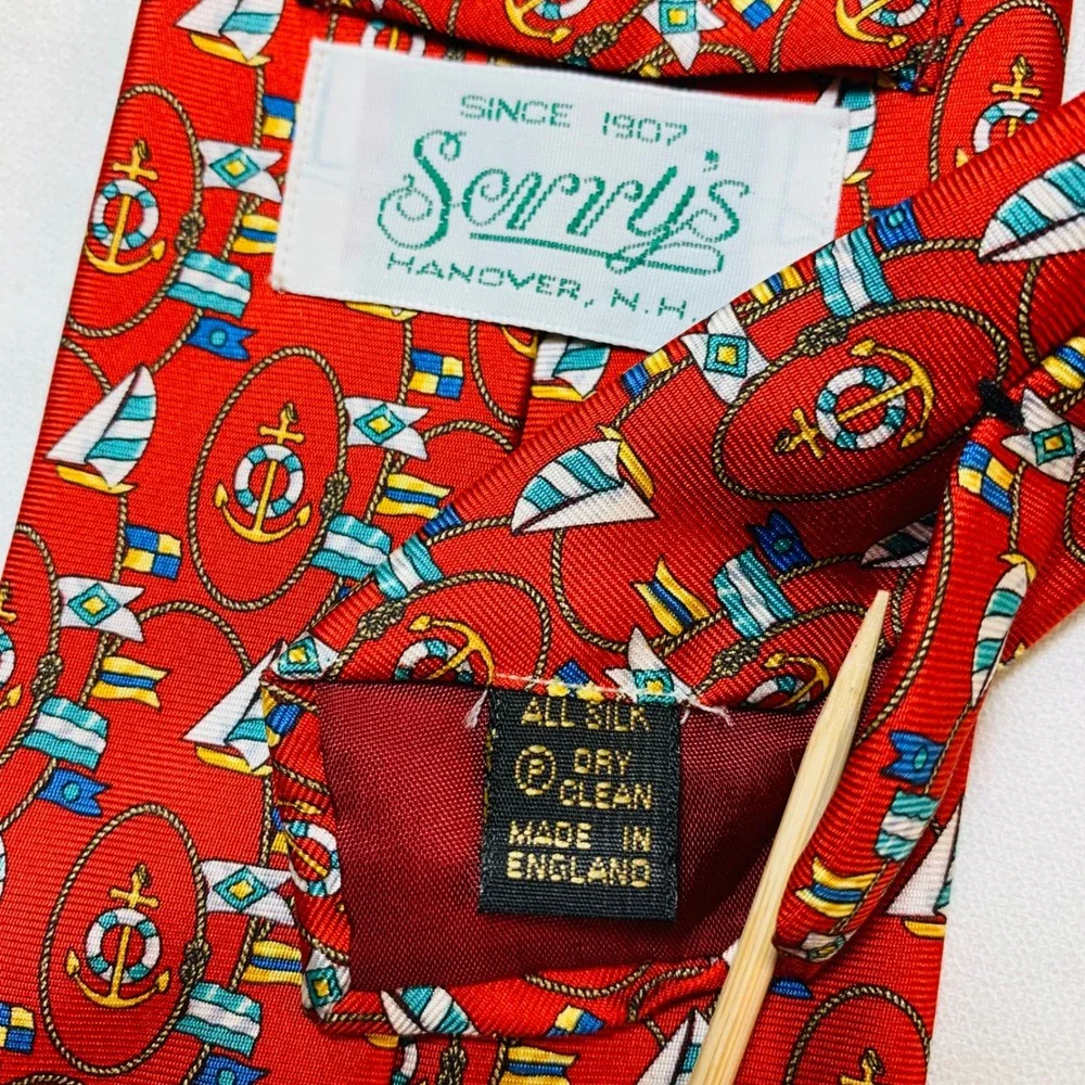 Serry's Necktie All Silk Made in England Nautical Anchor Sailboat Pattern Preppy